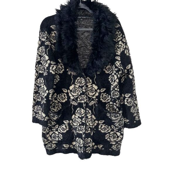 Black Rivet rose metallic print soft faux fur sweater cardigan jacket - Picture 3 of 12